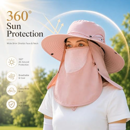 Sun Hat Unisex Face Coverage Shield Neck Flap Cap Garden Lawn Work Sports Hiking Fishing Hats - color: Pink