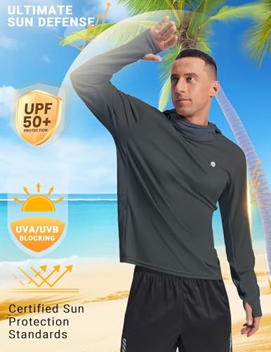 PINSPARK UPF 50+ Sun Protection Hoodie Men with Mask Quick Dry Long Sleeve Fishing Hiking Shirts UV Rash Guard Lightweight - color: Dark Grey, size: Small