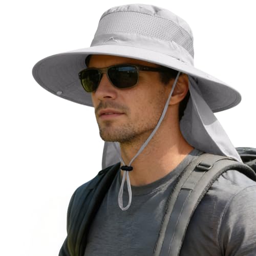 ZOORON Sun Hats for Men Women Fishing Hat with Neck Flap,UPF 50+ Sun Hat Waterproof Wide Brim Bucket Hats for Safari Hiking - color: 1-light Grey(neck Flap)