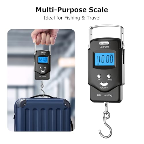 Dr.meter Fish Scale Luggage Scale Fishing Gear - 110lb Backlit LCD Display Digital Scale with Built-in Measuring Tape - Fishing Scale with 2 AAA Batteries, Pocket Size - Fishing Gifts for Men - color: Black