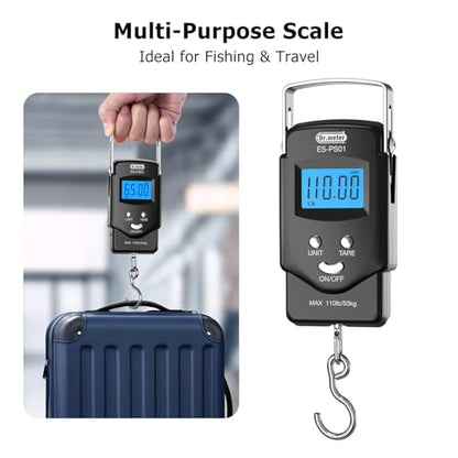 Dr.meter Fish Scale Luggage Scale Fishing Gear - 110lb Backlit LCD Display Digital Scale with Built-in Measuring Tape - Fishing Scale with 2 AAA Batteries, Pocket Size - Fishing Gifts for Men - color: Black