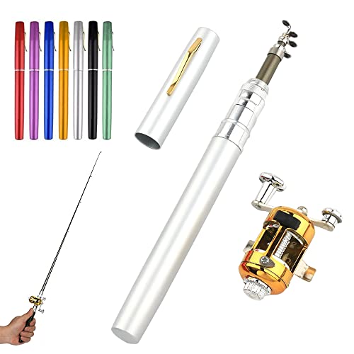 2023 Pocket Size Fishing Rod, 38inch Mini Fishing Pole Pen Fishing Rod Reel Set, Aluminum Alloy Telescopic Fishing Rod Collapsible Fishing Pole Kit - color: Silver
