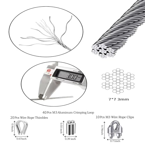 1/8 Inch Stainless Steel Cable 200FT,- 7x7 Strand Aircraft Wire Rope,with Loop Sleeve and Steel Thimble,Wire Clamp Clip,Outdoor Hanging kit, Garden Fence, Marine, DIY Projects - size: 1/8 inch 200FT