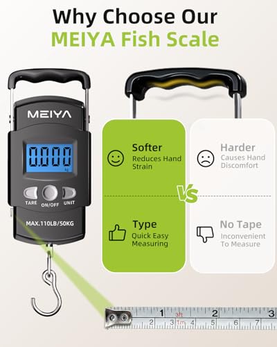 MEIYA Digital Fish Scale & Fishing Scale with Comfortable Handle - 110lb/50kg High-Accuracy Fishing Gear, Professional Fishing Gifts for Men, Comfort-Grip Hanging Scale for Large Fish, Luggage