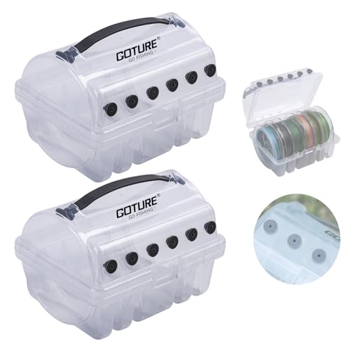 Goture Fishing Line Storage Box 1/2Pcs, 6(2 Large + 4 Standard) Slots Fishing Line Case, PP Clear Visibility Fishing Line Organizer, Silicone Holes Line Spool Box - style: 2Pcs - 6 Slots Spool Storage Box
