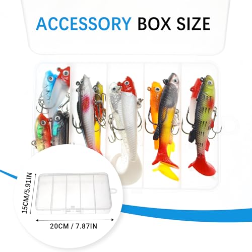 15PCS Lifelike Paddle Tail Swimbaits with Jig Heads, Pre-Rigged Soft Plastic Bass Fishing Lures Set, 6 Styles Trolling Baits for Freshwater & Saltwater, Includes Tackle Box