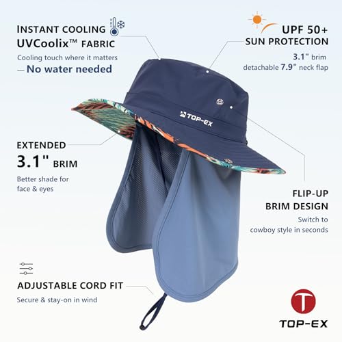 Unisex UVCoolix™ Cooling Sun Hat with Detachable Neck Flap | UPF 50+ Protection, Wide Brim Bucket Hat for Hiking, Fishing & Big Heads - color: Sea Palm, size: Large-X-Large