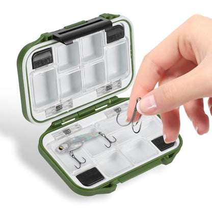 DOITOOL Waterproof Tackle Box Mini Fishing Utility Box with Compartments Green Small Fishing Lure Storage Container for Fly and Saltwater Anglers