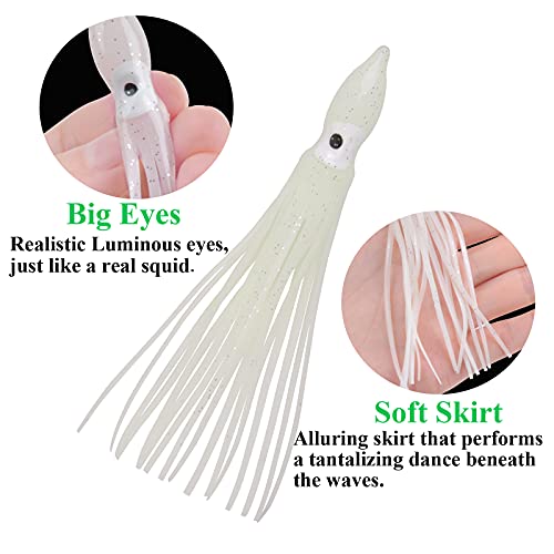 Fishing Squid Skirts Lures Octopus Skirts Trolling Lures Soft Plastic Fishing Tackle Squid Bait for Saltwater Bass Salmon Trout - color: White (Luminous), size: 3.54in - 30pcs