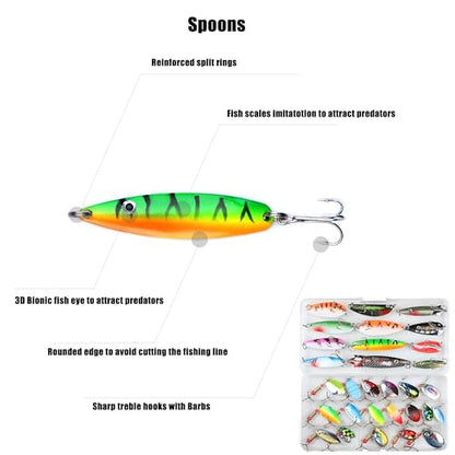 EXAURAFELIS 10/30pcs Fishing Lure Spinnerbait with Feathered Treble Hooks Rooster Tail Fishing Lures Spoon Lures for Bass Salmon Trout Spinner Baits with Tackle Box - color: 30pcs spinnerbaits & spoon lures