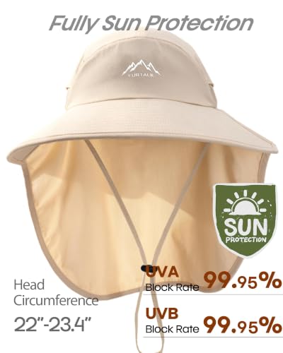 FURTALK Sun Hats for Men Women Fishing Hat with Neck Flap Chin Strap UPF 80+ Wide Brim Hiking Safari Summer Hats - color: Beige