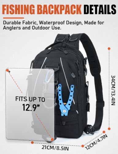 J.SH Tactical Sling Bag, Small Fishing Bag with Rod Holder - Black 12L | Durable Lightweight, Designed for Fishing Gear and Equipment, Gift for Men, Travel, Outdoor Hiking Backpack - color: Black - Medium (12L)