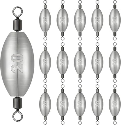 Inline Trolling Weights with Swivel, Fishing Sinkers for Catfish Bass Saltwater Freshwater, Anti-Twist Smooth Rolling Egg Sinker Design, Assorted Sizes Fishing Weights Kit(20g/60g)