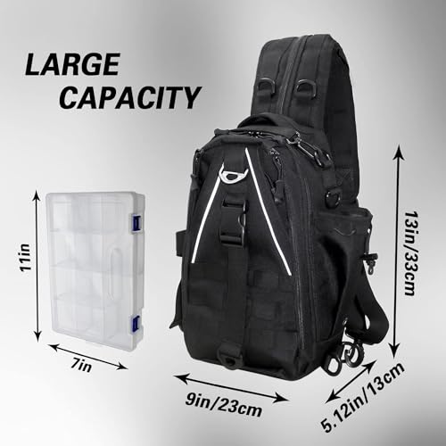 Fishing Tackle Bag Sling Shoulder Backpack with Rod & Gear Holder, Water Resistant & Weatherproof, Large Storage