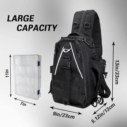 Fishing Tackle Bag Sling Shoulder Backpack with Rod & Gear Holder, Water Resistant & Weatherproof, Large Storage