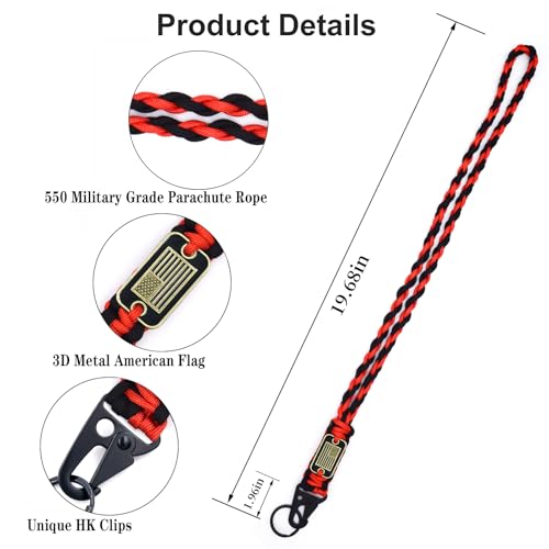 Heavy Duty Braided Paracord Lanyard Keychain with USA Flag, Parachute Rope Necklace Keychains, Braided Strong Lanyard - color: 2 Pcs Black-red
