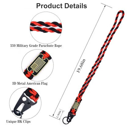 Heavy Duty Braided Paracord Lanyard Keychain with USA Flag, Parachute Rope Necklace Keychains, Braided Strong Lanyard - color: 2 Pcs Black-red