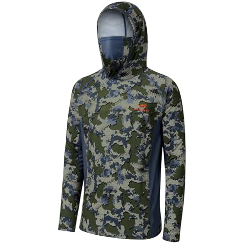 BASSDASH Men's UPF 50+ Camo Long Sleeve Hunting Fishing Hoodie Shirt - color: Green Vegetation Camo With Ash Blue Mesh, size: Medium