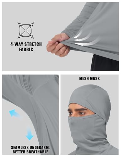 Roadbox Men's UPF 50+ Sun Shirt Long Sleeve Fishing Hoodie, UV Protection Hooded Rash Guard with Mask for Hiking Running - color: Light Gray, size: Large