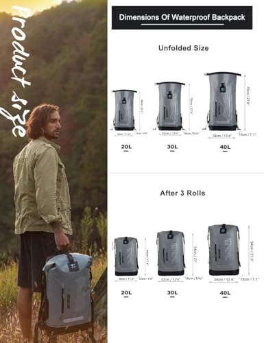 IDRYBAG Waterproof Backpack for Men 20L/30L/40L, Floating Dry Bag Kayak, Dry Backpack Hiking - color: Gray, size: 30L