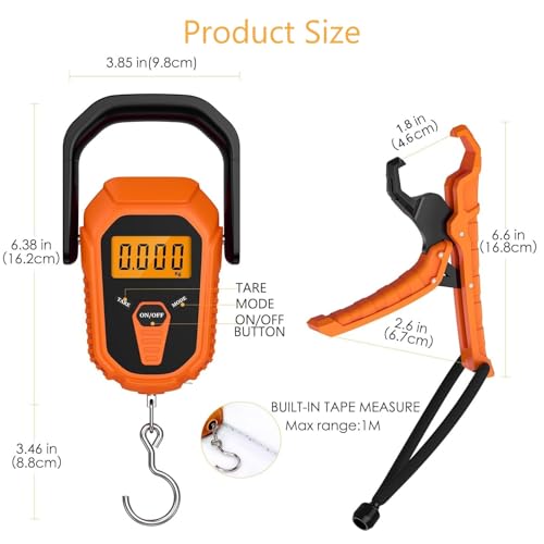 Fish Scale, Waterproof Floating Fishing Scale with Lip Gripper, 110lb/50kg Hanging Digital Fish Digital Scale, Floating with LCD Backlit, Tape Measure for Fishing Hunting, Batteries Included - color: Orange