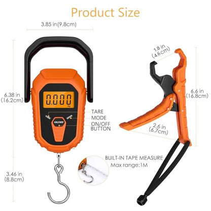 Fish Scale, Waterproof Floating Fishing Scale with Lip Gripper, 110lb/50kg Hanging Digital Fish Digital Scale, Floating with LCD Backlit, Tape Measure for Fishing Hunting, Batteries Included - color: Orange