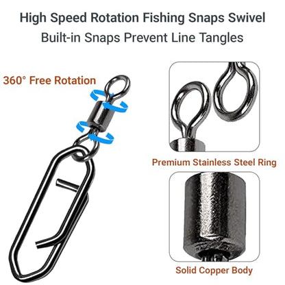 AMYSPORTS High Strength Saltwater Barrel Swivels Fishing Tackle Stainless Steel Line Connector Fishing Snaps Swivel Change Quick Fishing Clips Snap Black Nickel - size: Size 8+S (21lb) 50 pcs