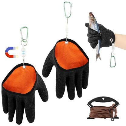 2PCS Fishing Gloves with Magnet Release, Non-Slip Fishing Catching Gloves, Puncture-Proof, Waterproof, Quick-Dry,Professional Fishing Glove for Handling Fish