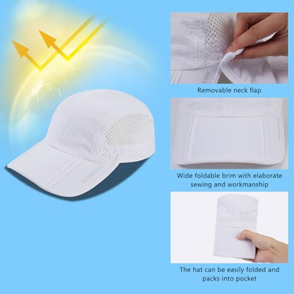 BASSDASH UPF 50+ Foldable Fishing Hat Baseball Cap with Removable Neck Flap Portable for Men Women Golf Hiking - color: White With Foldable Brim