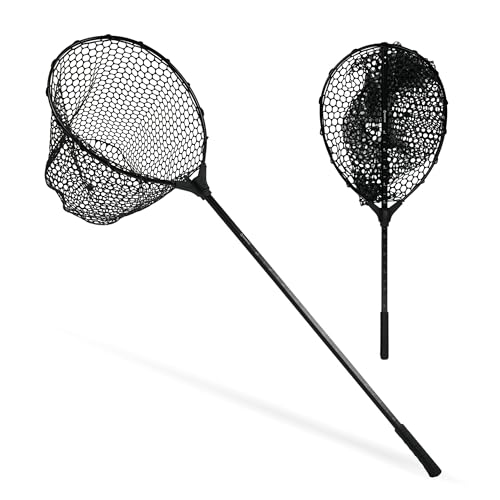Black Paw Fish Landing Net with Soft Rubber Mesh Bag, Large Fishing Net with Built in Length Scale, Extend to 36-55 Inches