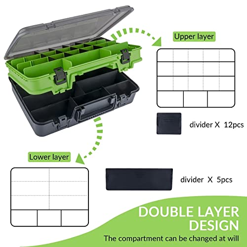 THKFISH Fishing Tackle Box Organizer Double Layer Tackle Storage Fishing Boxes Outdoor Box with Adjustable Dividers 14.96 * 10.23 * 4.5in Green - color: A-GREEN-double sided tackle box
