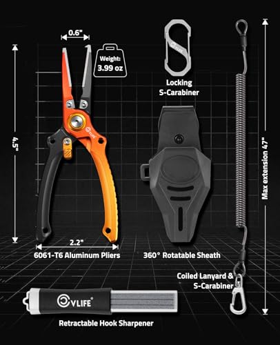 CVLIFE Fishing Pliers, Saltwater Hook Remover Kit, 7.5 Inch Aluminum Split Ring Pliers for Fishing with 17-4 PH Stainless Steel Jaws, Sheath, Tungsten Cutters Hook Sharpener & S-Carabiner - color: Orange