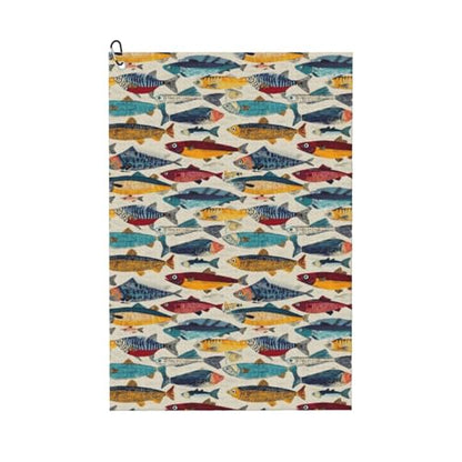 Vibrant Multicolor Fish Print Golf Towel, Microfiber Golf Towels for Bags with Carabiner Clip 16 x 24 inches, Men Womens Golfs Accessories