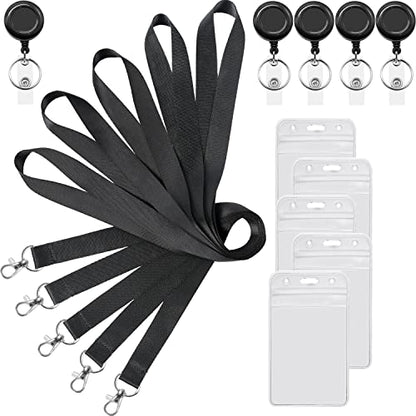 5Pcs Black Lanyards with Vertical ID Badges Holder and Retractable Reel | Flat Lanyard,For Keys,Card Holder - color: Black