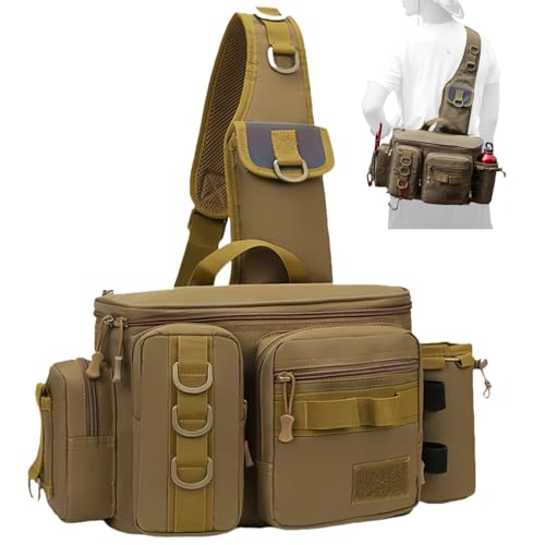 Fishing Tackle Backpack Fishing Fanny Pack Crossbody Bag Fishing Tackle Box Organizer with Rod & Gear Holder, Ideal for Fishing, Camping, Hiking and More!-YIANTU - color: Wolf Brown