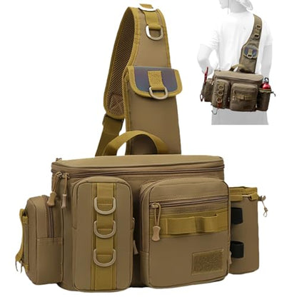 Fishing Tackle Backpack Fishing Fanny Pack Crossbody Bag Fishing Tackle Box Organizer with Rod & Gear Holder, Ideal for Fishing, Camping, Hiking and More!-YIANTU - color: Wolf Brown