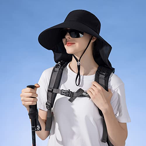 HUAMULAN Men Summer Sun Hat Women Safari Wide Brim Fishing Hats UV Protection Neck Flap Bucket Gardening Hiking Hunting Cap - color: Bg8112-black