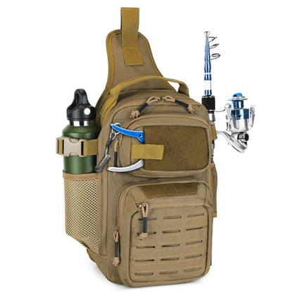 HUNTVP Fishing Sling Bag Lightweight Tackle Bag Small Fishing Backpack Tactical Shoulder Sling Bags with Rod Holder, Storage Gear and Equipment, Gifts for Men (Brown) - color: Brown