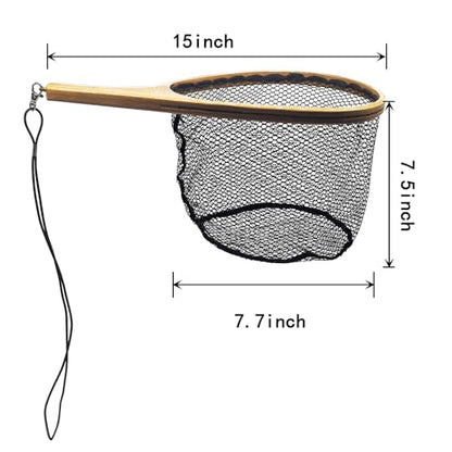 Small Wooden Frame Fly Fishing Landing Net With Soft Rubber Mesh for Trout Bass Catch and Release - Fishing Gear - color: Straight Handle