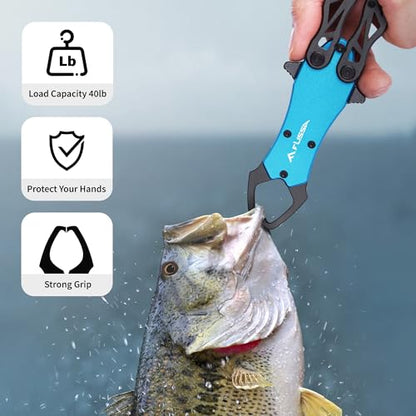 FLISSA Folding Fish Gripper with Lanyard, Lightweight Aluminum Fish Grabber, Portable Fish Lip Gripper Holder for Saltwater and Freshwater Fishing
