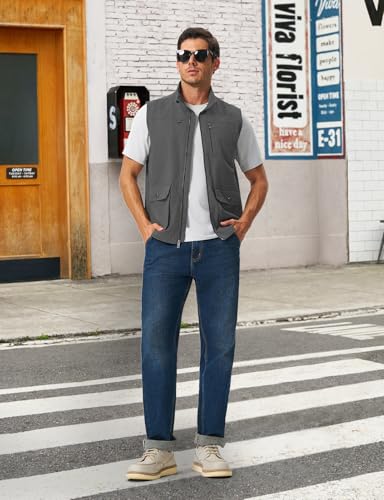 TBMPOY Men's Lightweight Vest Cotton Stylish Sleeveless Travel Casual Work Canvas Outerwear Utility Jacket Fishing Hiking - color: Deep Gray, size: Large