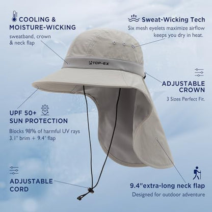 TOP-EX Cooling Sun Hat with Neck Flap – UPF 50+ Wide Brim Breathable Hat for Hiking, Fishing & Big Heads - color: Light Grey, size: Large-X-Large