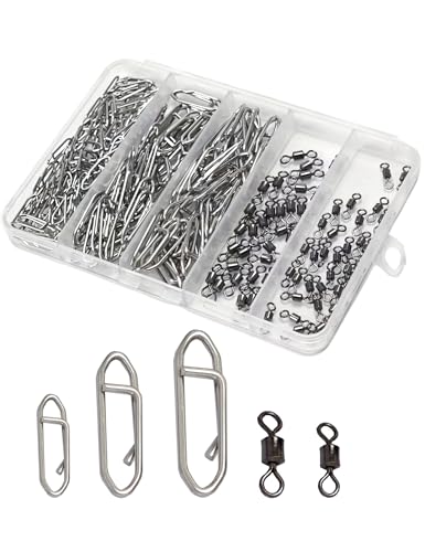 220pcs Speed Clips and Barrel Swivels Kit, Stainless Steel Quick Change Lure Snaps & Heavy Duty Saltwater Black Nickel Rolling Swivels, Terminal Tackle Assortment for Bass & Surf Fishing