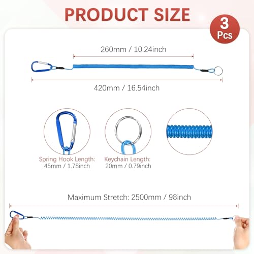 16.54IN Retractable Safety Coiled Lanyard [3PCS] - Steel Wire Fishing Rod Safety Lanyard Use for Pliers Boating - color: Blue
