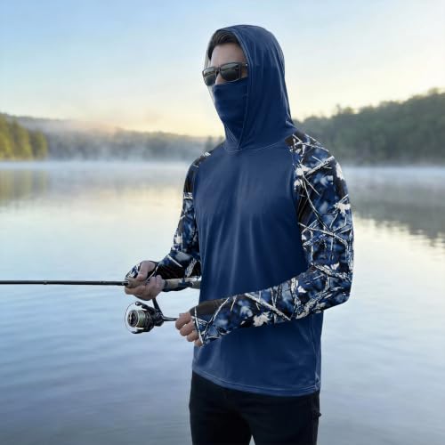 Men's UPF 50+ UV Protection Fishing Shirt with Face Mask Long Sleeve Quick Dry Breathable Sun Hoodie for Beach - color: A Dark Blue, size: X-Large
