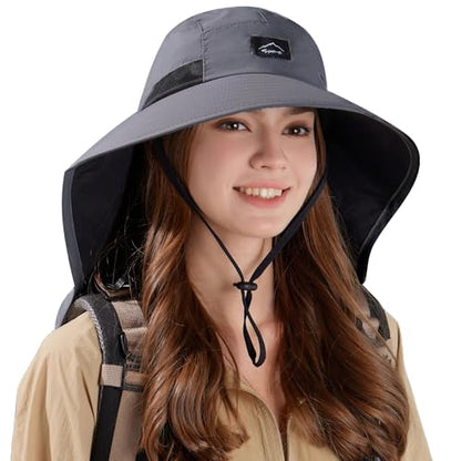 HUAMULAN Men Summer Sun Hat Women Safari Wide Brim Fishing Hats UV Protection Neck Flap Bucket Gardening Hiking Hunting Cap - color: Darkgray With Black Mesh