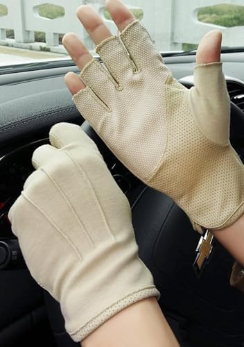 JIAHG Women Men's Driving Gloves Summer UV Sun Glove Non Slip Touchscreen Cotton Gloves Outdoor Sunblock Mittens for Cycling - color: Cotton-beige Half figner