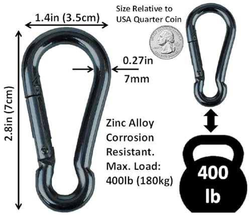 Black & Silver Zinc-Galvanized Heavy Duty Bushcraft Carabiner Spring Snap Clip Link Hooks 200-500lb Load 2, 6 & 12 Packs - color: 7cm (2.8in) Black 12 Pack
