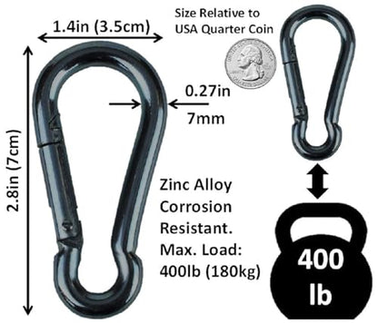 Black & Silver Zinc-Galvanized Heavy Duty Bushcraft Carabiner Spring Snap Clip Link Hooks 200-500lb Load 2, 6 & 12 Packs - color: 7cm (2.8in) Black 12 Pack