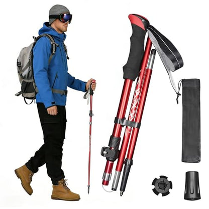 Deepfeel Collapsible Trekking Pole Adjustable Hiking Pole - Aluminum Alloy 7075 Walking Stick with Telescopic & Foldable Tri-fold Design for Travel Camping Climbing Walking - color: Red